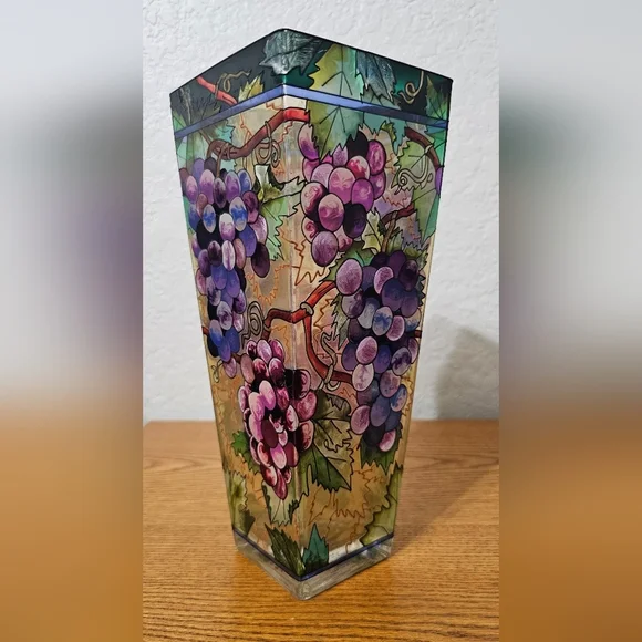 AMIA Studios • Hand Paint Glass Vase Grape Vines 10” - Picture 3 of 9